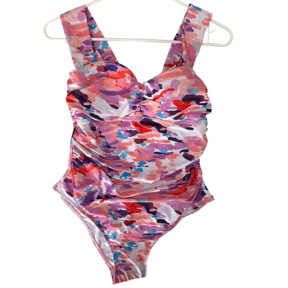 Unbranded‎ Abstract One Piece Swimsuit Womens Medium Pink Multi NWOT Ruched